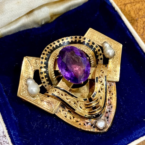 Antique Victorian 14k Yellow Gold Natural Amethyst Pearl Black Enamel Brooch - Picture 5 of 11